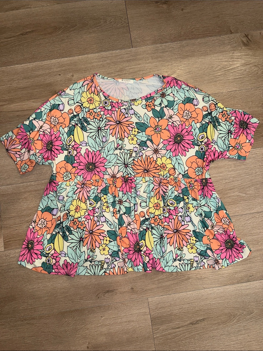 Floral Peplum Tunic Top in Multicolor Pink & Orange